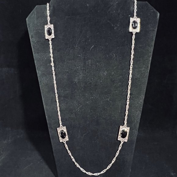 Emmons Silver Tone Black Lucite Necklace Signed (4707) - Picture 1 of 6